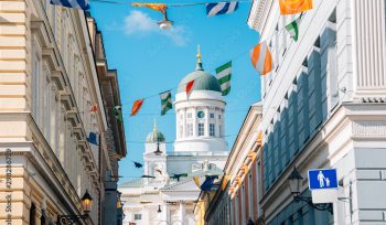 Helsinki cathedral with colorful garland in Helsinki, Finland