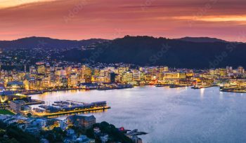 Wellington city and harbour from Mount Victoria at sunset.