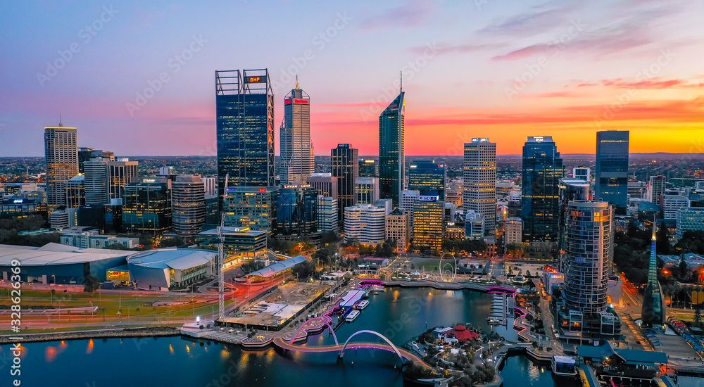 Perth, Australia - Mar 04 2020: The Perth City skyline during dawn. Perth is the capital of Western Australia